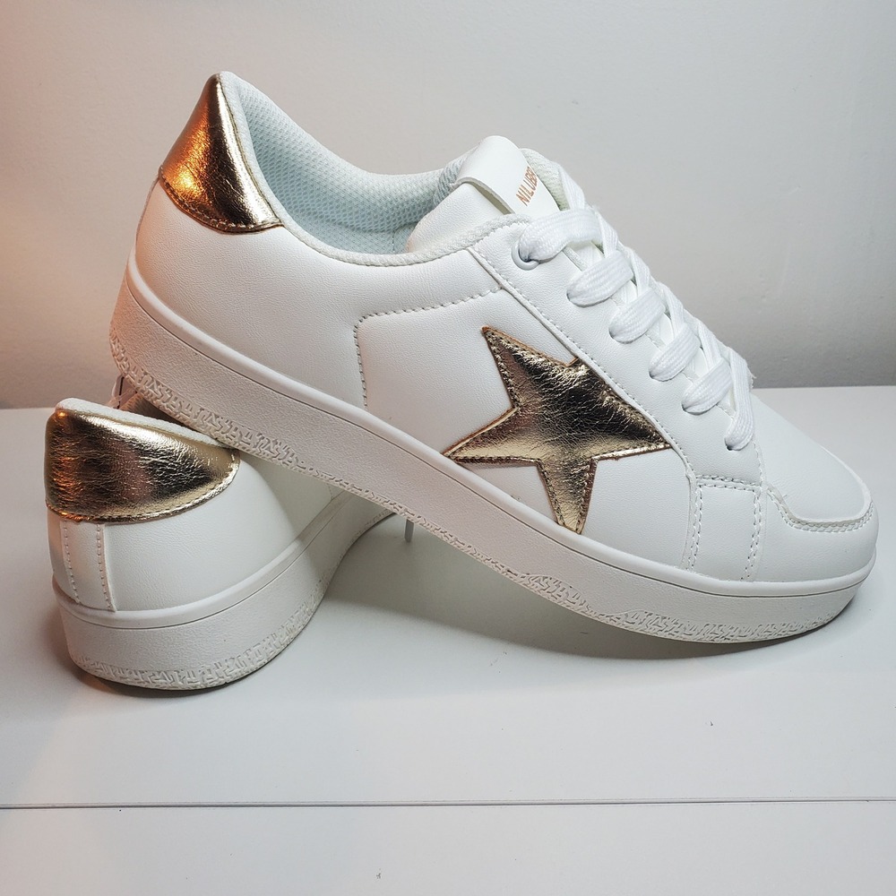 Niluber Womens Fashion Star Platform Sneakers White Gold